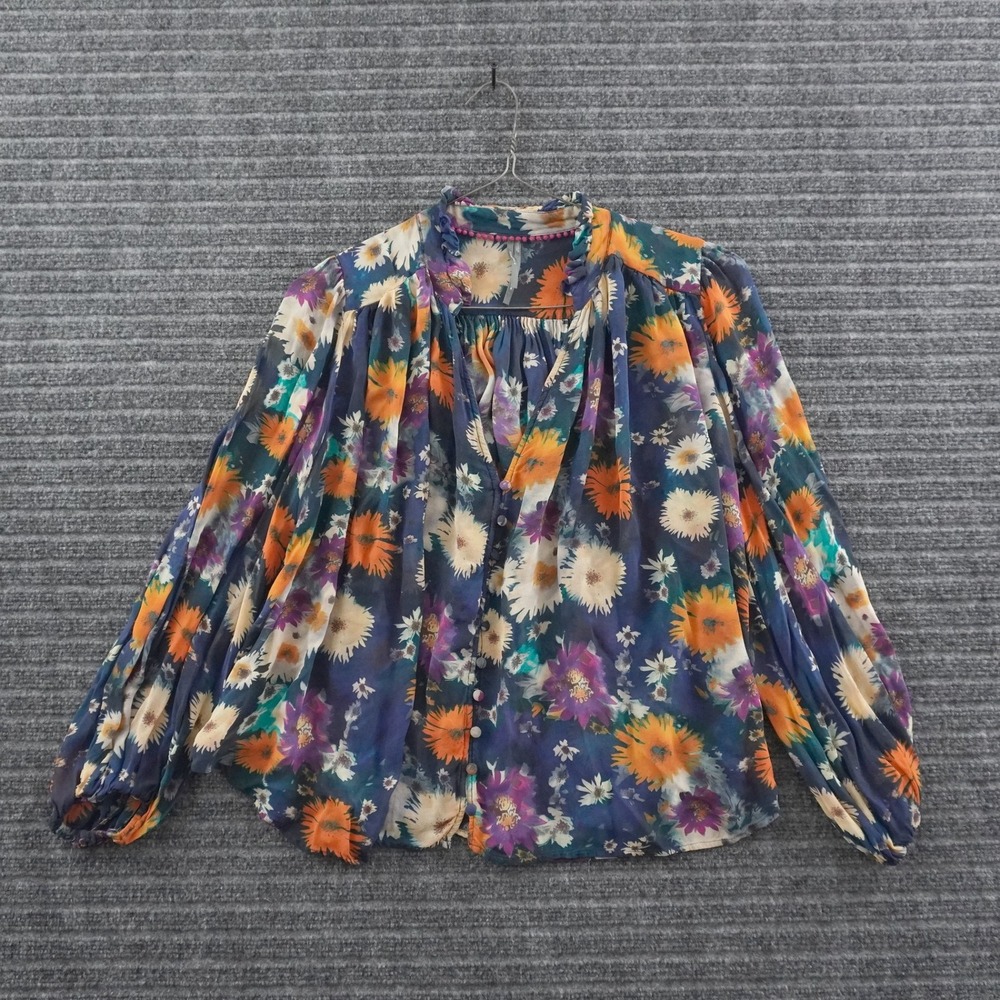 Anthropologie Floral Button Down Blouse Womens Size M Multicolor Pom Pom Trim